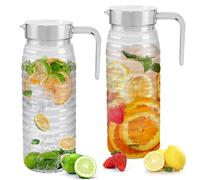 ADERTOS 2 Jarras de Agua Transparentes 1,1L con Tapa y Asa - Jarra de Plástico para Bebidas Frías/Calientes, Agua, Jugo, Café, Zumo y Vino - Jarra de Plástico Reutilizable, Resistente a Roturas