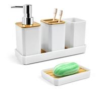 ADERTOS Juego Accesorios Baño Bambu 5 PCS Juego Jabonera y Bote Cepillos de Dientes Jabonera Lavabo Blanco Dispensador Jabón Baño y Cocina para Jabonera Taza de Cepillo de Dientes Dispensador de Jabón