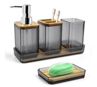 ADERTOS Juego de Accesorios de Baño, 5 PCS Accesorios de Baño de Bambú, Soporte para Cepillo de Dientes, Jabonera, Taza de Cepillo de Dientes, Dispensador de Jabón para Baño Cocina Dormitorio