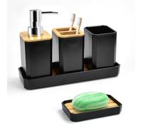 ADERTOS Juego de Accesorios de Baño, 5 PCS Accesorios de Baño de Bambú, Soporte para Cepillo de Dientes, Jabonera, Taza de Cepillo de Dientes, Dispensador de Jabón para Baño Cocina Dormitorio