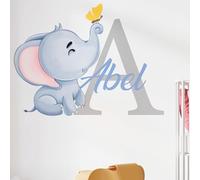 AdesiivoStudio Calcomanía personalizable de elefante para pared con inicial y nombre, adhesivo personalizado con nombre de bebé, bonito diseño de animales para habitaciones de niños, decoración de