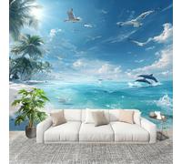 Adesivo Murale Bambini Cameretta Carta da Parati 350x256 cm Animali E Uccelli Marini 3D Muro Decor Autoadesivo Photo Carta da Parati Blu Fotomurali casa Adesivi Bimbo Bimba