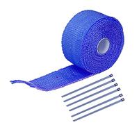 Adfaga Cinta de aislamiento térmico Envoltura de tubo de escape de acero de aleación de fibra de vidrio de alta temperatura para automóviles Motocicletas 5 m de longitud con 6 brid (Azul)