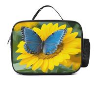 ADFGYERH Bolsa de almuerzo de mariposa azul girasol con soporte para botella de agua, lonchera aislada reutilizable, bolsa de almuerzo para mujeres y hombres, para el trabajo, picnic, viajes