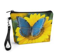 ADFGYERH Bolsa de maquillaje de mariposa azul de girasol, bolsa de cosméticos de gran capacidad para mujeres, bolsa de aseo con asa para el cuidado de la piel, cepillos y artículos esenciales de viaje