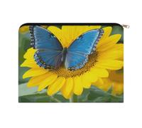 ADFGYERH Bolsa de maquillaje de mariposa azul girasol para mujer, bolsa de cosméticos portátil con cremallera, bolsa de aseo de viaje para cosméticos y brochas de maquillaje