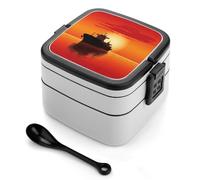 ADFGYERH Silhouette of The Tanker Ship on Red Sunrise, lonchera de doble capa, caja bento con partición y cuchara, portátil, caja de aperitivos para cenar, trabajo, viajes, picnic, adecuada tanto para
