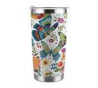 ADFGYERH Taza de viaje portátil con diseño de mariposa floral de primavera, cabe en el portavasos del coche, taza de viaje de café de 20 onzas, taza de viaje reutilizable a prueba de fugas, regalo
