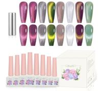 ADHERE Kit de Esmalte de Gel Magnético para Ojos de Gato - 8 Colores de 12ml: Púrpura, Gris, Verde, Blanco - Brillo Brillante Con Efectos Magnéticos para Uñas