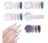 ADHERE Serie Perla 5 uds, 3 polvos cromados perlados + 1 polvo cromado espejo violeta oscuro para uñas + 1 glitter, acabado nacarado con brillo holográfico & efecto metálico espejo