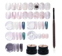 ADHERE Serie Perla 7 uds, 2 gel perlados de 5g + 3 polvos cromados + 1 polvo cromado espejo violeta oscuro para uñas + 1 glitter, acabado nacarado con brillo holográfico & efecto metálico espejo
