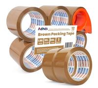 ADHES Cinta de embalaje marrón, dispensador de cinta, 48 mm x 50 m, 12 rollos de cinta de transporte marrón pesada, cinta adhesiva fuerte para cajas de embalaje y paquetes
