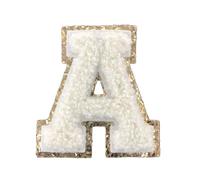 Adhesivo adhesivo con parche inicial de chenilla con letras con purpurina universitaria blanca de 2,25 pulgadas de altura (A)