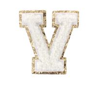 Adhesivo adhesivo con parche inicial de chenilla con letras con purpurina universitaria blanca de 2,25 pulgadas de altura (V)