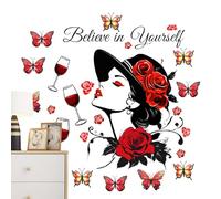 Adhesivo de pared de mujer rosa, pegatina de silueta de mujer, arte de pared de rosa de mariposa, adhesivo de pared romántico, papel pintado para despegar y pegar, arte de pared con citas, decoración
