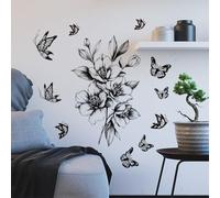 Adhesivo de pared de PVC con diseño de mariposa y flores blancas y negras