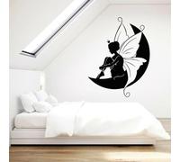 Adhesivo de pared de vinilo con diseño de hada en la luna para dormitorio o habitación de los niños que expresa un tema de fantasía y cuento de hadas, adhesivo de pared blanco y negro, 42 x 54 cm