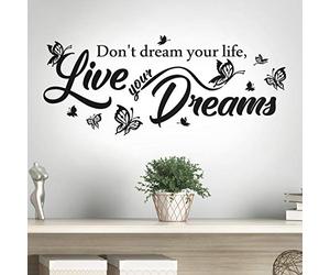 Adhesivo de pared en blanco y negro - No sueñes tu vida, vive tu sueño, adecuado para dormitorio, oficina, aula y decoración de pared del hogar, cita motivacional, vinilo impermeable para pared, 58 x