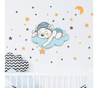 Adhesivo de pared para niños, decoración de habitación infantil, diseño de oso soñador y 50 estrellas, 30 x 35 cm