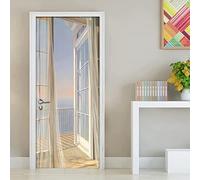 Adhesivo De Puerta 3D Para Puerta Interior Paisaje De Balcón Junto Al Mar 80 X 200 Cm Papel Tapiz De Murales Extraíbles Creativos Para Dormitorio, Sala De Estar, Regalo, Arte, Calcomanía Impermeable