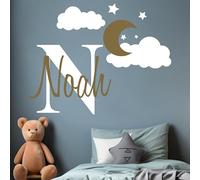 Adhesivo decorativo para pared con nombre personalizado y inicial de nubes de luna - Bebé niño - Decoración de habitación de bebé (MM109) (Ancho 55,88 cm x 43,18 cm de altura)