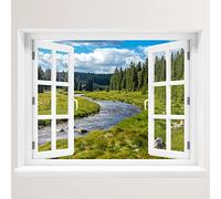 Adhesivo decorativo para pared, diseño de ventana con vistas a las montañas y al río, 100 x 78 cm