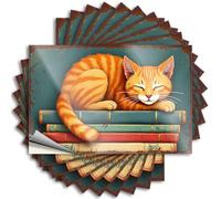 Adhesivo decorativo para ventana de oficina para hombre | Un gato acogedor siesta en una pila de libros. La mitad para decoración esencial (8 x 12 cm)