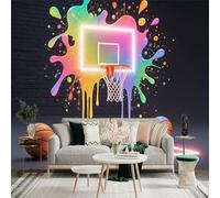 Adhesivo mural de pared de tamaño personalizado, aro de baloncesto de neón con salpicaduras de pintura colorida y arte deportivo moderno, para decoración de pared, calcomanías de pared de palo.