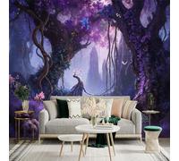 Adhesivo mural de pared de tamaño personalizado, bosque encantado con árboles morados, río mágico y flores, para decoración de pared, calcomanías de pared