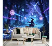 Adhesivo mural de pared de tamaño personalizado, bosque encantado con hechicera voladora, castillo mágico y tormenta de relámpago, escena nocturna de fantasía oscura, para decoración de pared