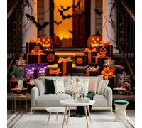 Adhesivo mural de pared de tamaño personalizado, cajas de regalo festivas de Jacko'Lantern, ambiente espeluznante con murciélagos voladores, para decoración de pared, calcomanías de pared de palo.
