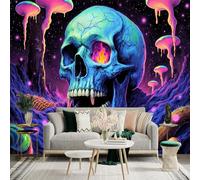 Adhesivo mural de pared de tamaño personalizado, calavera de neón con llamas cósmicas, paisaje espacial surrealista y hongos brillantes, para decoración de pared, calcomanías de pared de palo.