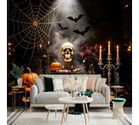 Adhesivo mural de pared de tamaño personalizado, calavera espeluznante y JackoLanterns, velas góticas con rosas rojas, murciélagos voladores y telaraña, para decoración de pared, calcomanías de pared