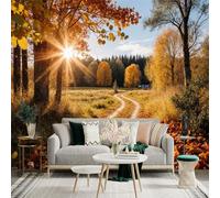 Adhesivo mural de pared de tamaño personalizado, camino del bosque otoñal, árboles iluminados por el sol, hojas que caen, tela autoadhesiva extraíble, papel tapiz fotográfico grande para sala de estar