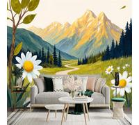 Adhesivo mural de pared de tamaño personalizado, campo de margaritas, camino sinuoso, paisaje de montaña soleada, tela autoadhesiva extraíble, papel tapiz fotográfico grande para sala de estar y