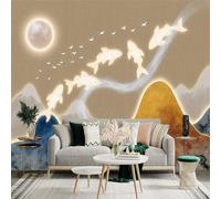 Adhesivo mural de pared de tamaño personalizado, carpa dorada con luz de luna nadando a través de montañas y pájaros volando, tela autoadhesiva extraíble, papel tapiz fotográfico grande para sala de