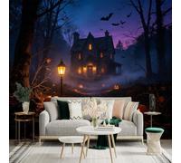 Adhesivo mural de pared de tamaño personalizado, casa de noche misteriosa, Jackolanterns, murciélagos voladores en el bosque, paisaje nocturno otoñal, para decoración de pared, calcomanías de pared de