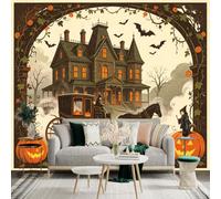 Adhesivo mural de pared de tamaño personalizado, casa embrujada con carruaje vintage, murciélagos espeluznantes y calabazas brillantes, para decoración de pared, calcomanías de pared