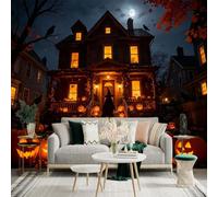 Adhesivo mural de pared de tamaño personalizado, casa embrujada misteriosa, faroles brillantes de Jack O, noche de luna llena, hojas de otoño, para decoración de pared, calcomanías de pared