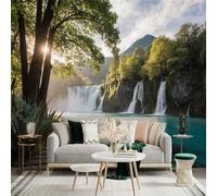 Adhesivo mural de pared de tamaño personalizado, cascada escénica con bosque, camino del río y vista a la montaña, para decoración de pared, calcomanías de pared de palo.