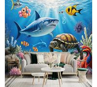 Adhesivo mural de pared de tamaño personalizado, colorido mundo submarino con tortuga tiburón, peces tropicales y arrecife de coral, para decoración de pared, calcomanías de pared de palo.