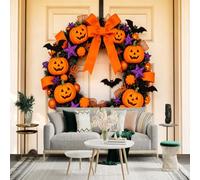 Adhesivo mural de pared de tamaño personalizado, corona de calabaza de Halloween, linternas JackOLanterns con murciélagos, estrellas moradas y cintas naranjas, para decoración de pared, calcomanías de