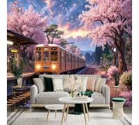 Adhesivo mural de pared de tamaño personalizado, estación de tren naranja, flores de cerezo, puesta de sol, autoadhesivo, grande, papel tapiz fotográfico grande para sala de estar, dormitorio y
