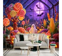 Adhesivo mural de pared de tamaño personalizado, fantasma de Halloween con árbol de caramelo, jardín de calabazas, luna llena y murciélagos, para decoración de pared, calcomanías de pared