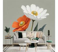 Adhesivo mural de pared de tamaño personalizado, flores naranjas y blancas con hojas verdes, arte botánico, pintura floral minimalista, para decoración de pared, calcomanías de pared