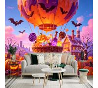 Adhesivo mural de pared de tamaño personalizado, globo aerostático de Halloween, cesta de calabaza con dulces y murciélagos, ambiente festivo para decoración de pared, calcomanías de pared de palo.