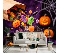 Adhesivo mural de pared de tamaño personalizado, golosinas espeluznantes de vacaciones, murciélagos voladores y calabazas, fondo de caramelo vibrante, decoración de fiesta festiva, para decoración de