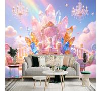 Adhesivo mural de pared de tamaño personalizado, hada de ensueño en trono de cristal, piedras preciosas pastel mágicas, candelabro y cielo arcoíris, para decoración de pared, calcomanías de pared de