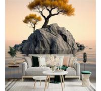 Adhesivo mural de pared de tamaño personalizado, isla rocosa con árboles otoñales y reflejo de agua tranquila, para decoración de pared, calcomanías de pared