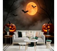 Adhesivo mural de pared de tamaño personalizado, linternas brillantes de Jacko, luna llena espeluznante, murciélagos voladores, bosque brumoso oscuro, para decoración de pared, calcomanías de pared